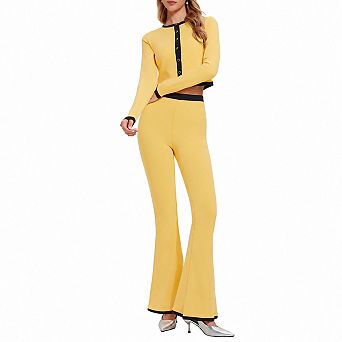 Womens 2 pc Long Sleeve Crew Neck Cardigan Bell Bottom Pants Lounge Set