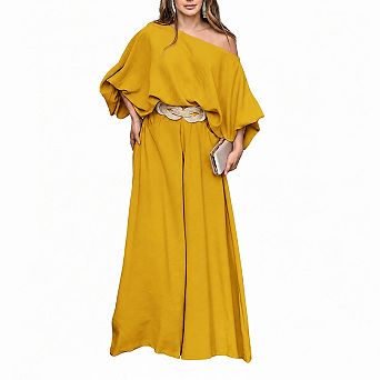 Womens 2 pc Off Shoulder Lantern Sleeve Wide Leg Pants Summer Set