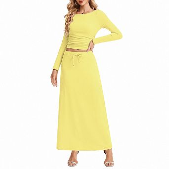 Womens 2 pc Long Sleeve Casual Crewneck Skirt Set Stretch Knit Daily Wear