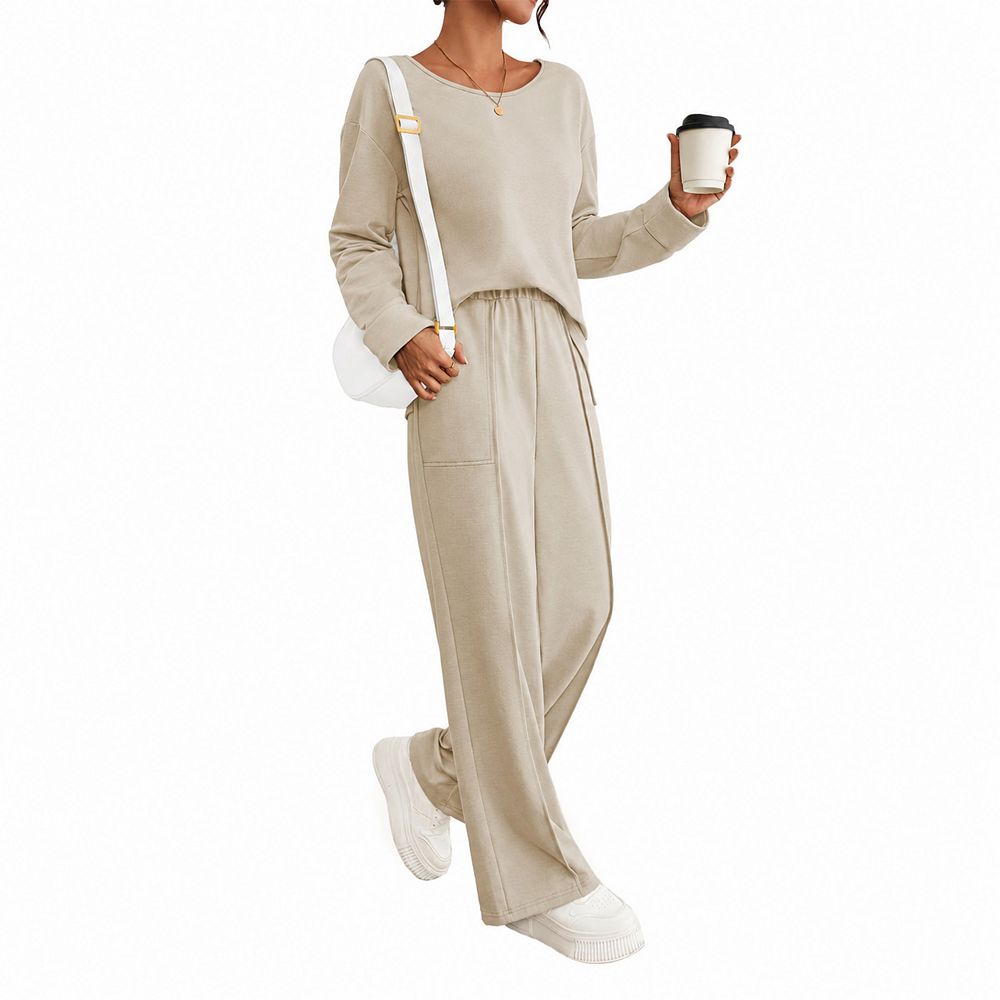 Womens 2 Pcs Knit Casual Lounge Set Long Sleeve Wide Leg Loungewear