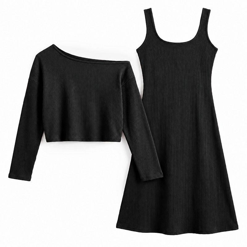Womens 2 Pcs Ribbed Knit Layered Dress Set Versatile Outfits