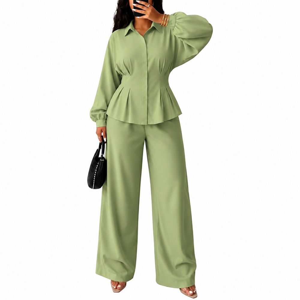 Womens 2 Pcs Casual Batwing Shirt Wide Leg Pants Outfit