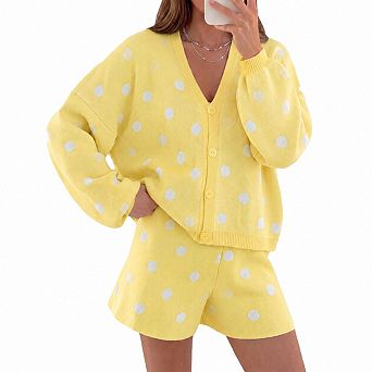 Womens 2 pc Polka Dot Knit Cardigan Shorts Set Casual Outfit
