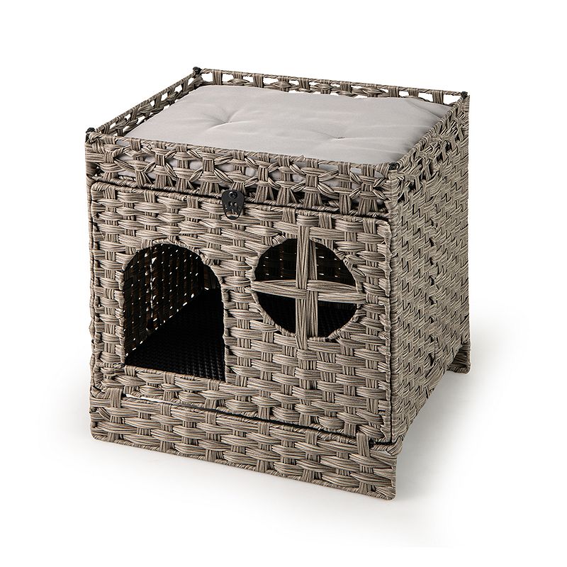 Costway Foldable 2-tier Rattan Cat Litter Box Enclosure with Litter Mat ...