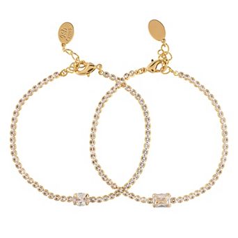 Rivka Friedman 18K Gold Clad Set of Tennis Bracelets with Bezel Set Oval and Emerald Cubic Zirconia