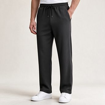 Men's Casual Elastic-Waist Straight-Leg Pants Striped Loose Trousers