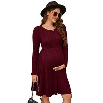 Women's round neck long sleeve textured knit A line maternity mini dress