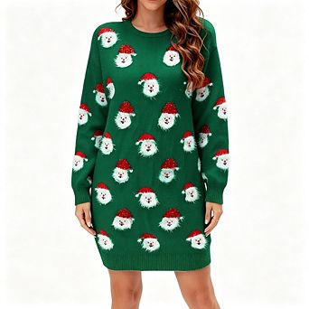 Women's Christmas Print Round Neck Long Sleeve Loose Casual Mini Sweater Dress