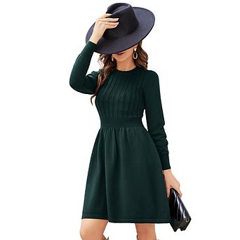 Women's round neck lantern sleeve knit fitted waist mini dress