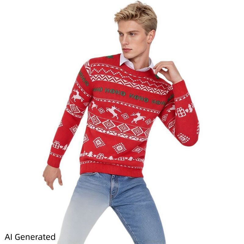 Men’S Crew Neck Christmas Knit Sweater, Long Sleeve Reindeer Gift Tree ...