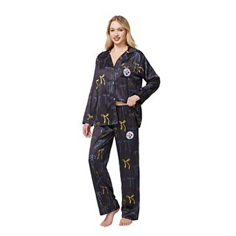 Women's Concepts Sport Black Pittsburgh Steelers Poppy Satin Long Sleeve Top and Pants Sleep Set