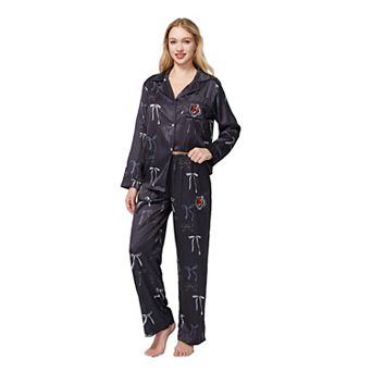 Women's Concepts Sport Black Cincinnati Bengals Poppy Satin Long Sleeve Top and Pants Sleep Set