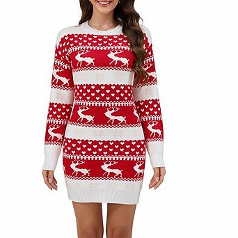 Women's round neck long sleeve christmas jacquard bodycon knit mini dress