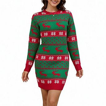Women's round neck long sleeve christmas jacquard bodycon knit mini dress