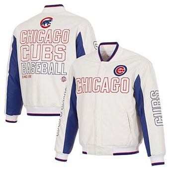 Men's JH Design Royal/White Chicago Cubs Reversible Fleece Faux Leather Full-Snap Varsity Jacket