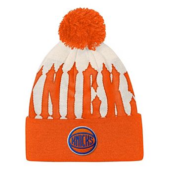 Youth Outerstuff Natural/Orange New York Knicks Rim Rocker Cuffed Knit Hat with Pom