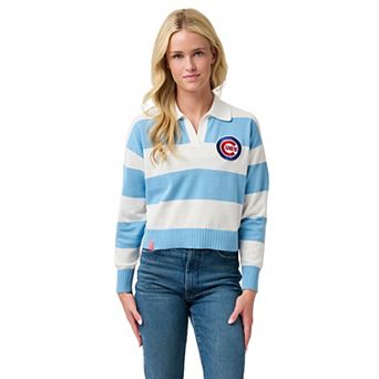 Women's Lusso Light Blue/Cream Chicago Cubs Silvia Boxy Rugby V-Neck Sweater