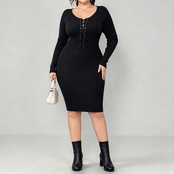 ShopWonder Women Plus Size Long Sleeve Drawstring Winter Bodycon Ribbed Knit Sweater Dress