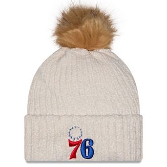 Women's New Era Cream Philadelphia 76ers Chrome Cuff Knit Hat with Pom