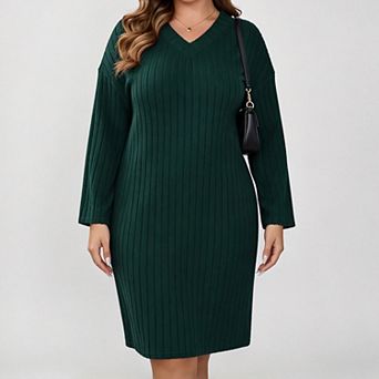 ShopWonder Women Plus Size Long Sleeve Ribbed Knit Dress Loose Casual Pullover Sweater Midi Dresses