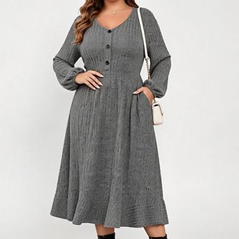 ShopWonder Women's Plus Size V-Neck Long Sleeve Sweater Dress Ribbed Knit Sweater Dress with Pockets