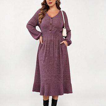 ShopWonder Women's Plus Size V-Neck Long Sleeve Sweater Dress Ribbed Knit Sweater Dress with Pockets