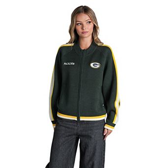 Women's The Wild Collective Green Green Bay Packers Raglan Tri-Blend Full-Zip Sweater