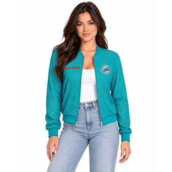 Women's FABGATING by Cuce Aqua Miami Dolphins Crystal Full-Zip Bomber Jacket