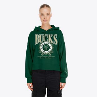 Women's New Era Dark Green Milwaukee Bucks Dolman Sleeve Boxy Pullover Hoodie