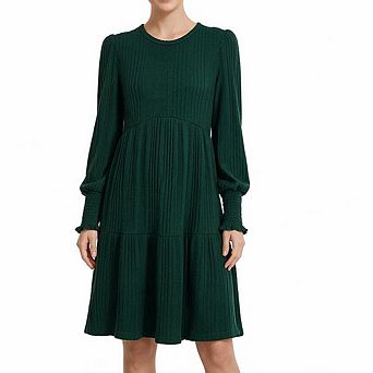 Women's Round Neck Bubble Long Sleeve Textured Tiered Maternity Midi Dress