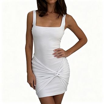 Women Square Neck Wide Strap Waist Twist Ruched Slim Bodycon Mini Dress