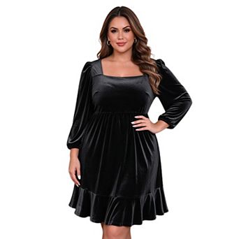 Plus Size Women Velvet Square Neck A-Line Swing Dress