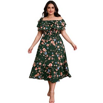 Plus Size Women Off Shoulder Floral Midi Dress