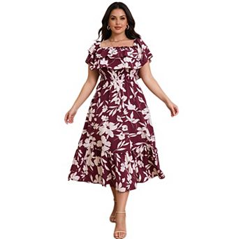 Plus Size Women Off Shoulder Floral Midi Dress