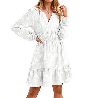 Women's V Neck Gathered Long Sleeve Waist Ruffle Textured Mini Dress