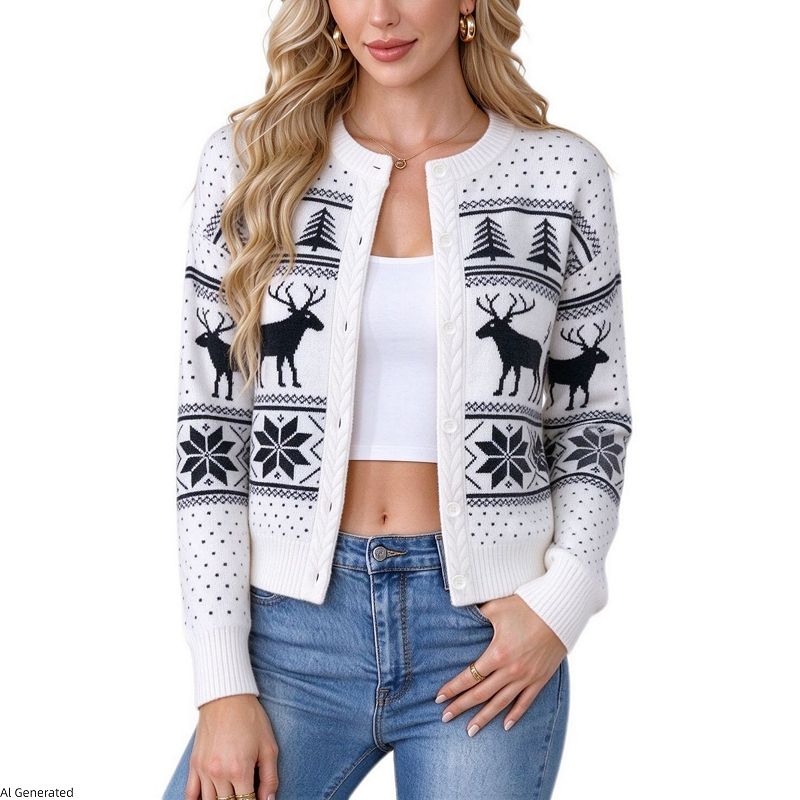 Women's Round Neck Christmas Fair Isle Reindeer Knit Cardigan Button ...