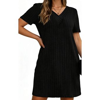 Women Plus Size V Neck Short Sleeve Ribbed Texture Casual Mini Dress