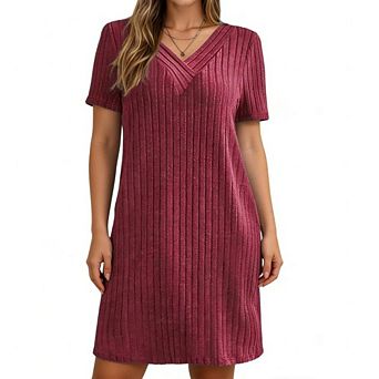 Women Plus Size V Neck Short Sleeve Ribbed Texture Casual Mini Dress
