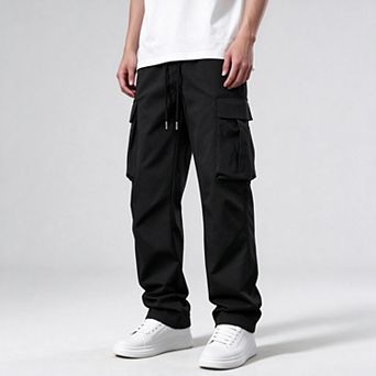 Men's Solid Cargo Pants with Drawstring Waist and Multiple Utility Pockets