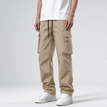 Men's Solid Cargo Pants with Drawstring Waist and Multiple Utility Pockets