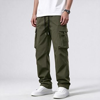 Men's Solid Cargo Pants with Drawstring Waist and Multiple Utility Pockets