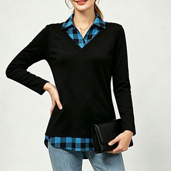 EcoSummer Women's Fake Two‑Piece Long Sleeve Tops v‑Neck Plaid Collar Shirt Hem Patchwork Tops