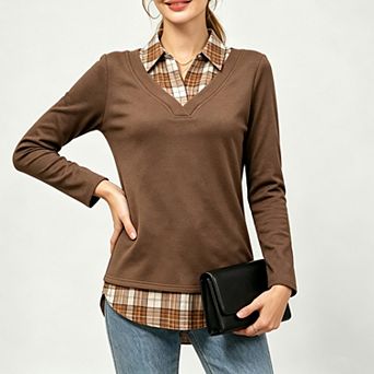 EcoSummer Women's Fake Two‑Piece Long Sleeve Tops v‑Neck Plaid Collar Shirt Hem Patchwork Tops