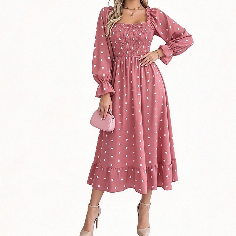 Women's Casual Polka Dot Maxi Dress with Ruffled Square Neck Long Sleeve