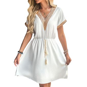 Women's V neck lace trim short sleeve tassel drawstring A-line mini dress
