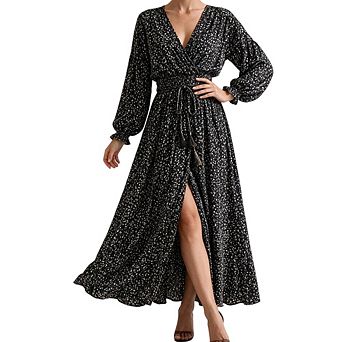 Women's wrap V-neck long sleeve elastic waist high slit printed maxi dress