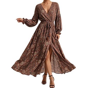Women's wrap V-neck long sleeve elastic waist high slit printed maxi dress