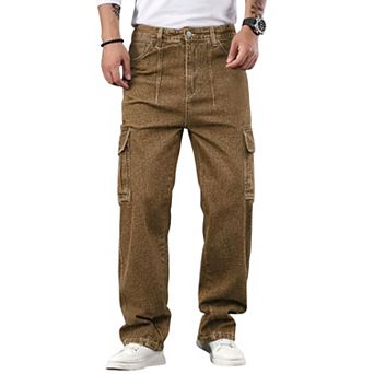 Men's Loose‑Straight Cargo Jeans,Multi‑Pocket Casual Denim Trousers