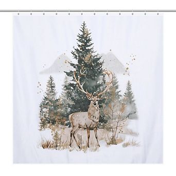 Bathroom Shower Curtains, Machine Washable, Watercolor Winter Forest Deer Bathroom Curtains Shower