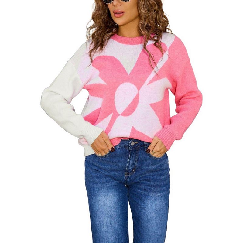 Women's Crew Neck Flower Jacquard Sweater Long Sleeve Color Block Knit ...